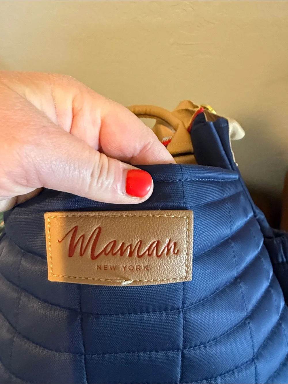 JoJo Maman Bebe Navy Quilted Tote with Beige Straps and Red Zip Accent